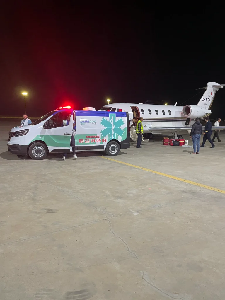 Avion sanitaire Rapatriement sanitaire depuis Casablanca avec ambulance médicalisée et avion privé (Ambulance Omnidoc Santé=